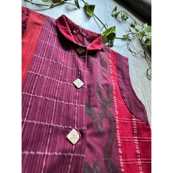Handmade Woven Cotton Tunic Dress Red Purple Patchwork Sleeveless Folk Boho M - Picture 4 of 7